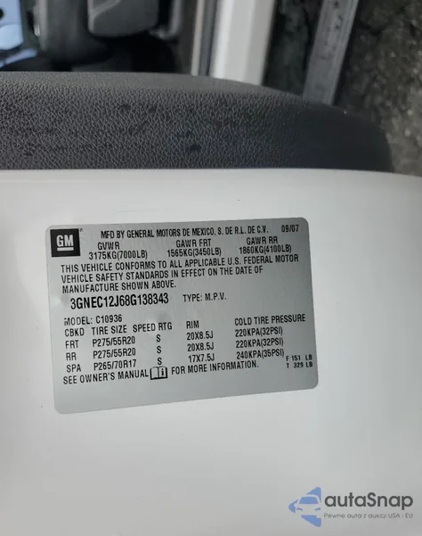 2008 Chevrolet Avalanche C1500 z USA, uszkodzony, nr VIN 3GNEC12J68G138343